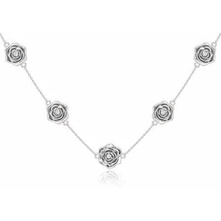 Diamond Rose Necklace for Women 925 Sterling Silver 1.2mm Cable Chain and Pendant with Lab Grown Diamond Rose Flower Jewelry Gifts 0.15 cttw D Color VVS Clarity