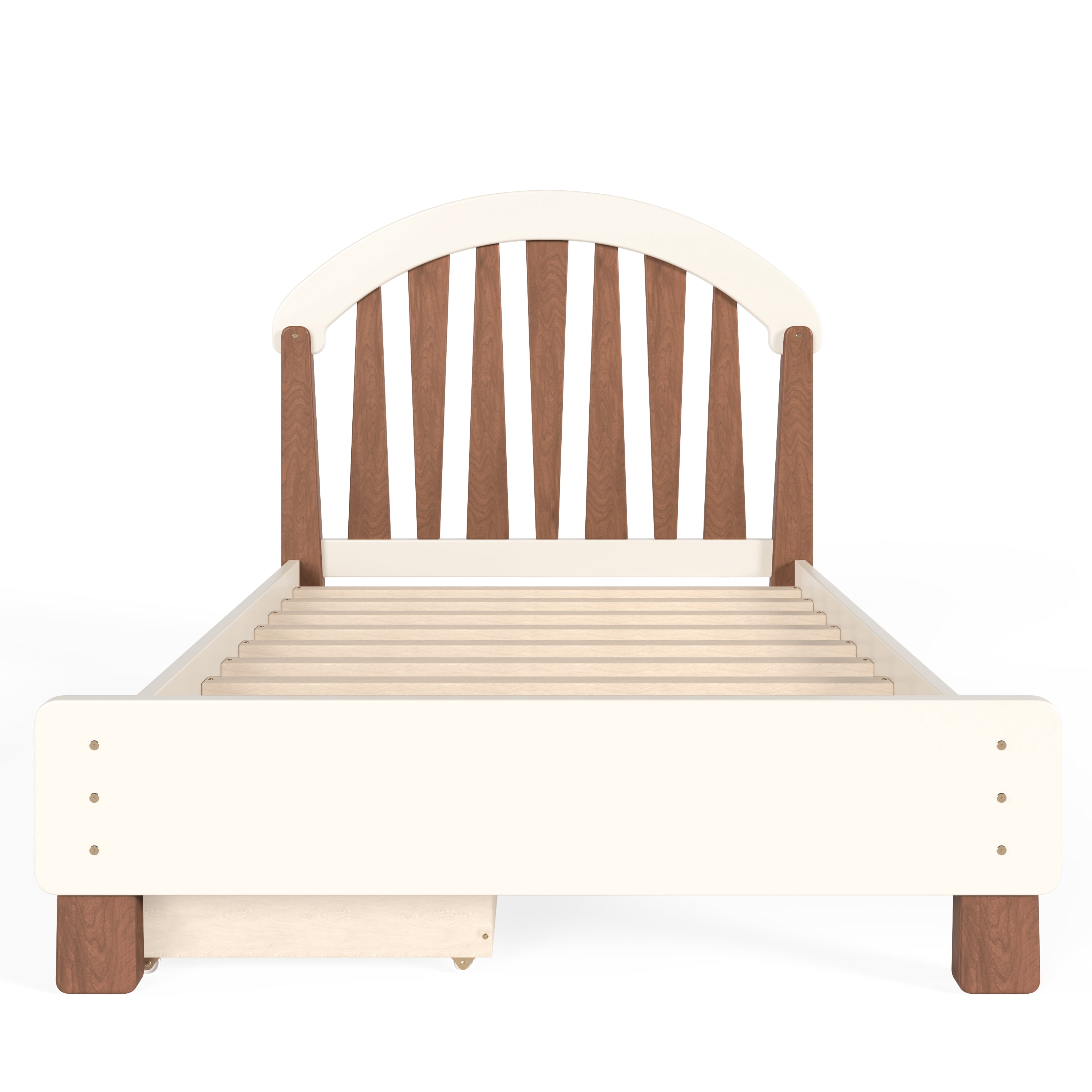 Platform Bed with Storage Drawer and Round Headboard, Twin Solid Wood Bed Frame with No Box Spring Needed for Bedroom, Beige and Natural