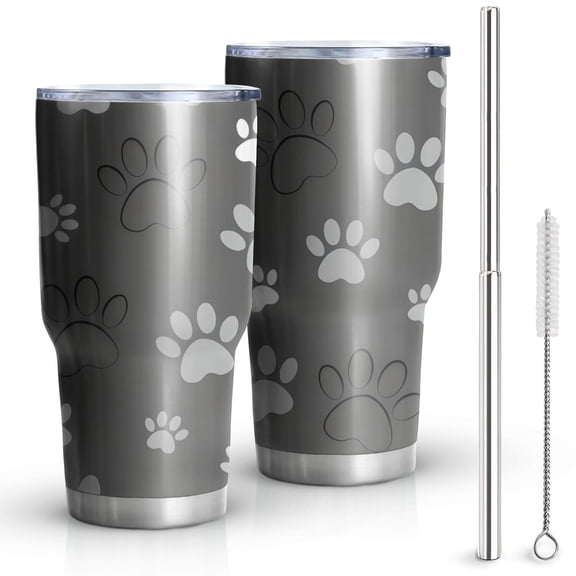 30oz Grey Dog Paw Footprint Tumblers Stainless Steel Tumbler with Lid and Straw,Vacuum Insulated Double Wall Travel Tumbler Cups Mug with Cleaning Brush for Coffee,Tea