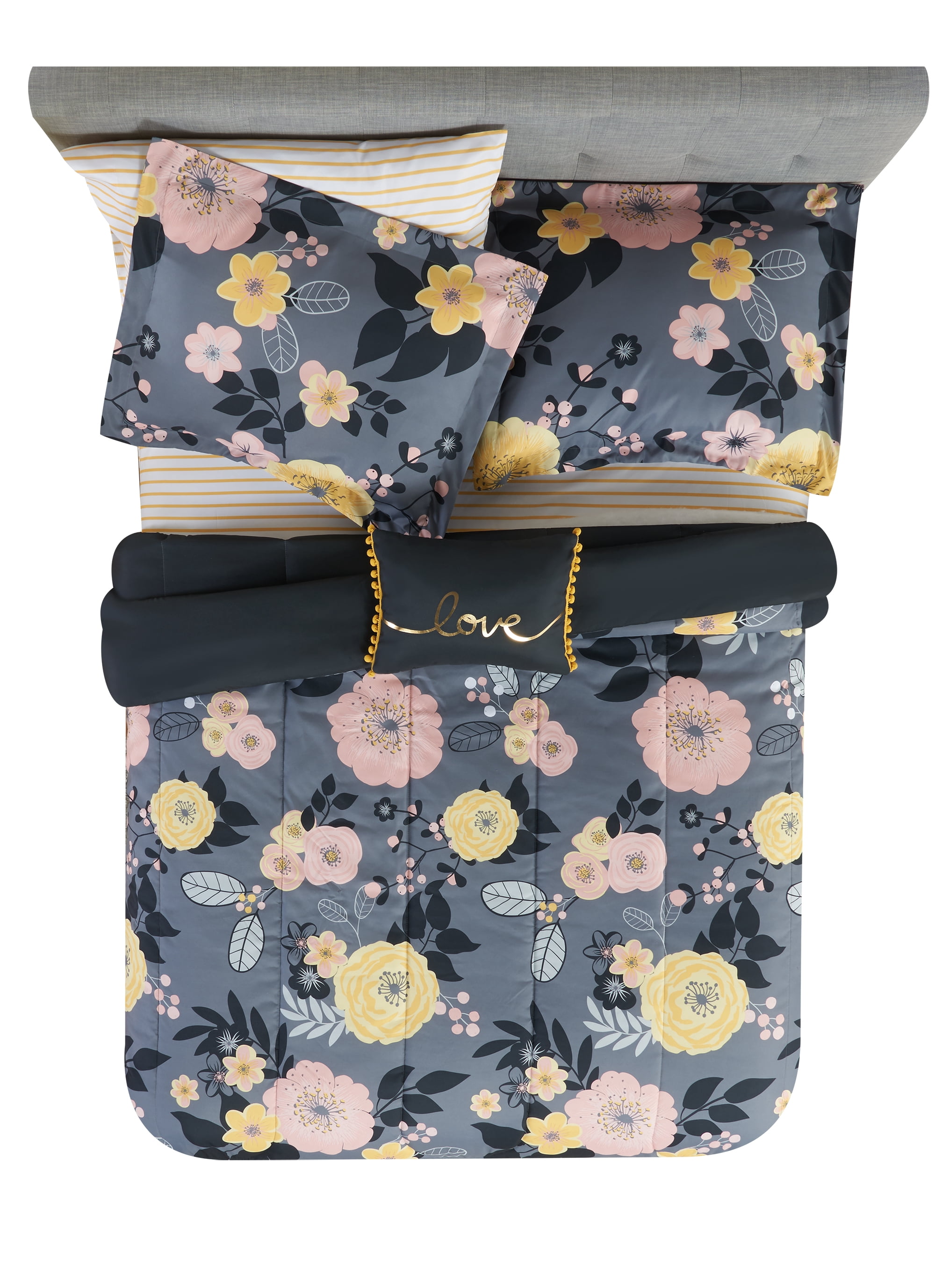 Mainstays Blue Floral 8 Piece Bed in a Bag with Sheets, Queen