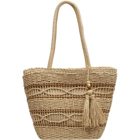 Kukuzhu Straw Beach Bag, Summer Woven Tote Bag with Tassels Shoulder Handbag Straw Purses and Handbags for Women