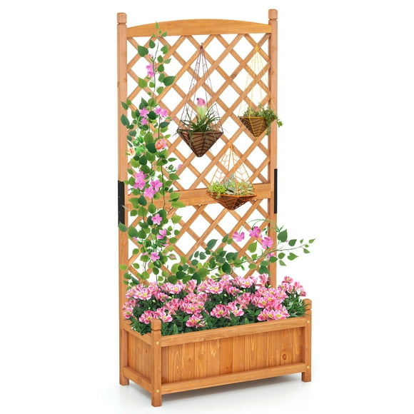 Gymax 60'' Tall Raised Garden Bed w/ Diamond Lattice Trellis Drainage Holes Outdoor