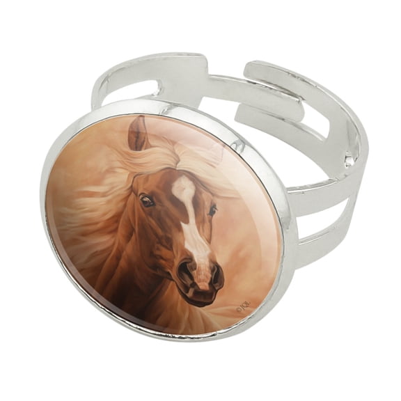 Horse Portrait Peach Silver Plated Adjustable Novelty Ring