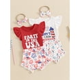 thumbnail image 4 of Yunliwuli Baby Girl 4th of July Outfit Letter Flying Sleeve Romper with Fireworks/Flag Pattern Shorts and Headband 3Pcs Outfit, 4 of 10