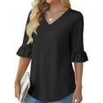thumbnail image 5 of DDAPJ pyju Blouses for Women Dressy Casual 3/4 Length Bell Sleeve Tops Loose Fit V Neck Tunic Shirts Lightning Sales Today Black S, 5 of 8
