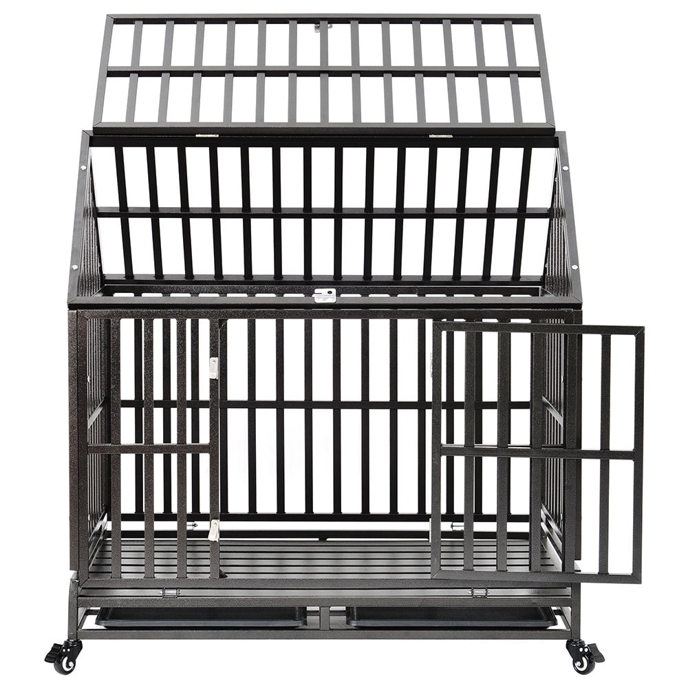 Kepooman 43" Mobile Metal Dog Crate with Trays & 4 Wheels & Roof, Roof Can Be Open, Black