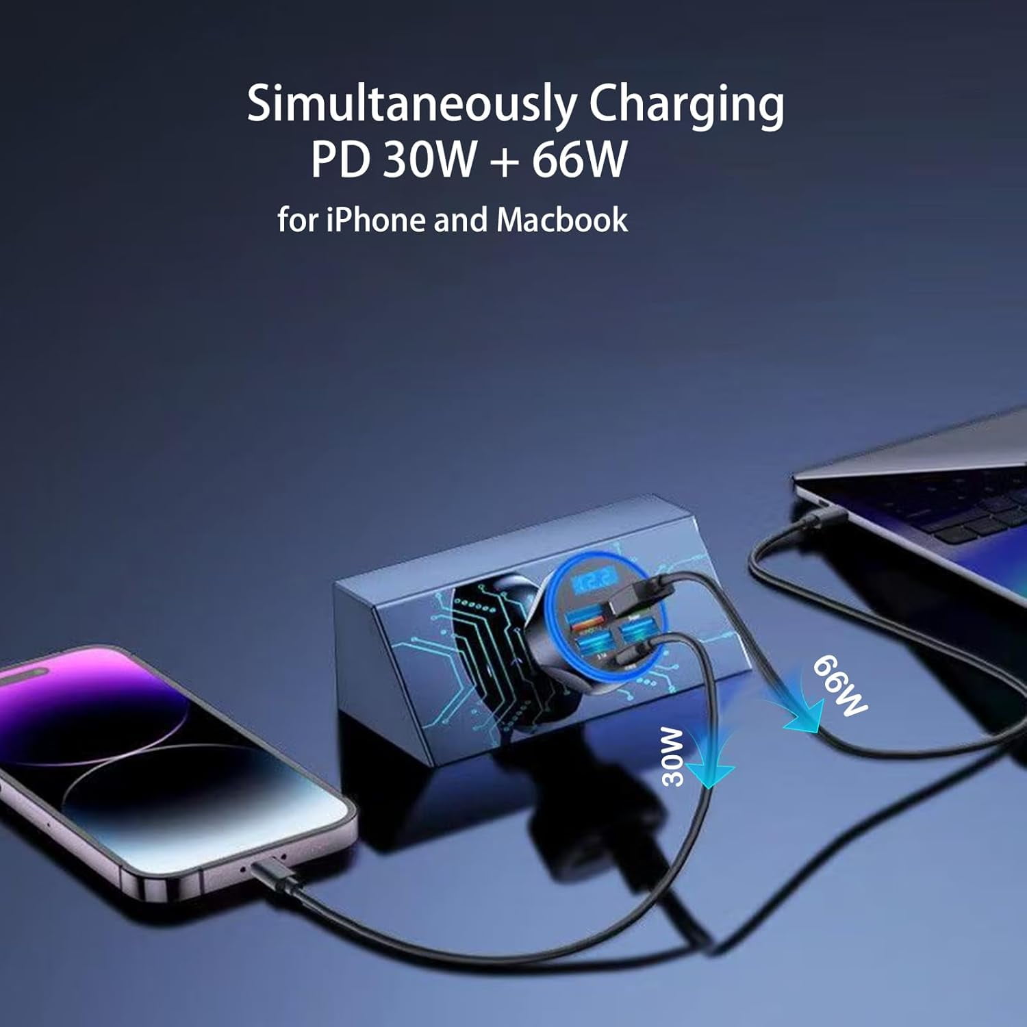 Full PD 30W Multi Port USB C Car Charger Adapter 5 in 1 with Voltage Display, PD4.0/QC4.0/PPS/AFC Super Fast Charging Cigarette Lighter Adapter with Volt Meter for MacBook iPhone Galaxy Android
