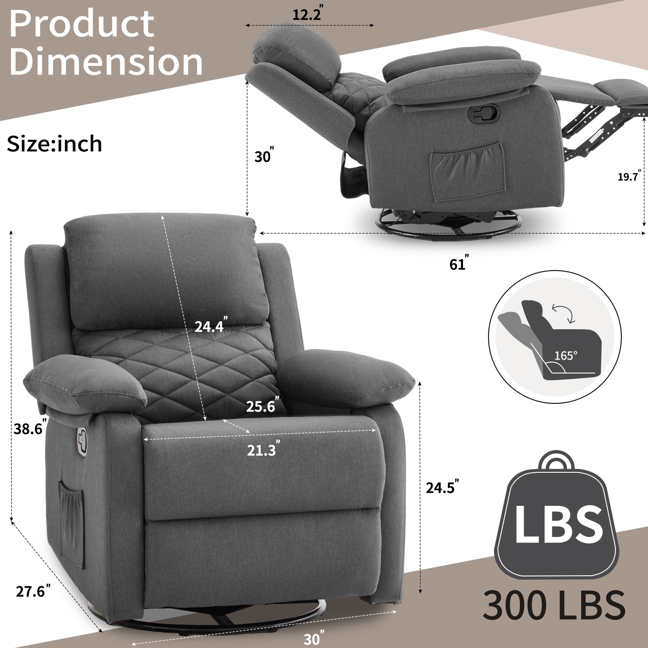 Gelloan 360° Swivel Recliner Chair, Small Rocker Chair for Small Spaces, Upholstered Fabric Glider Recliner Nursery Chair with Side Pockets,Gray