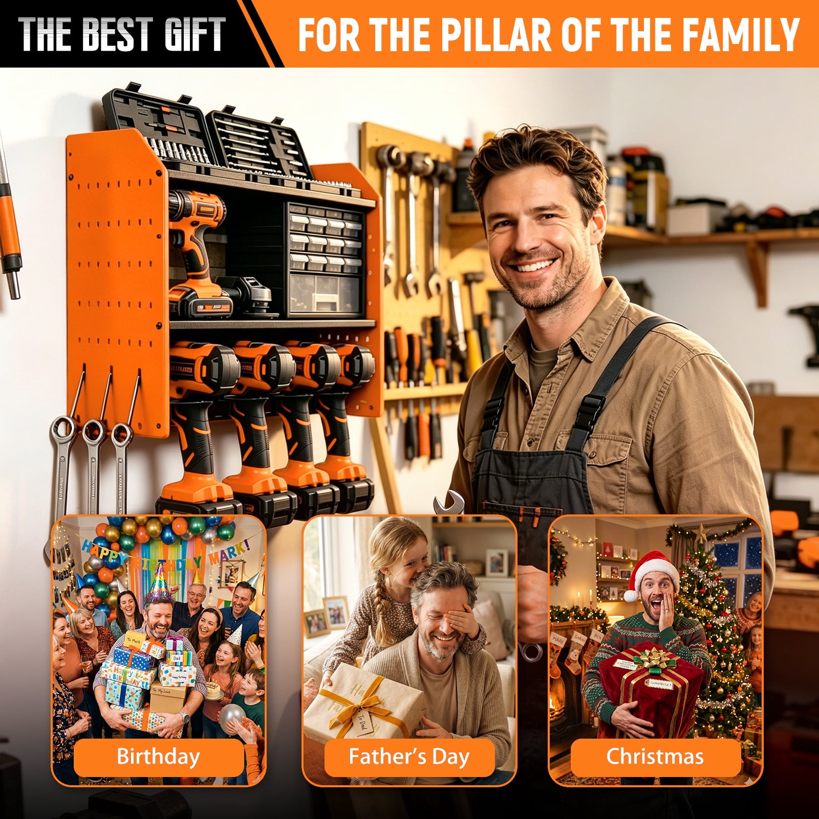 Power Tool Organizer Wall Mount, 4-Layer Drill Storage Shelf with Hooks,Screwdriver,Drill Bit Heavy Duty Rack Orange