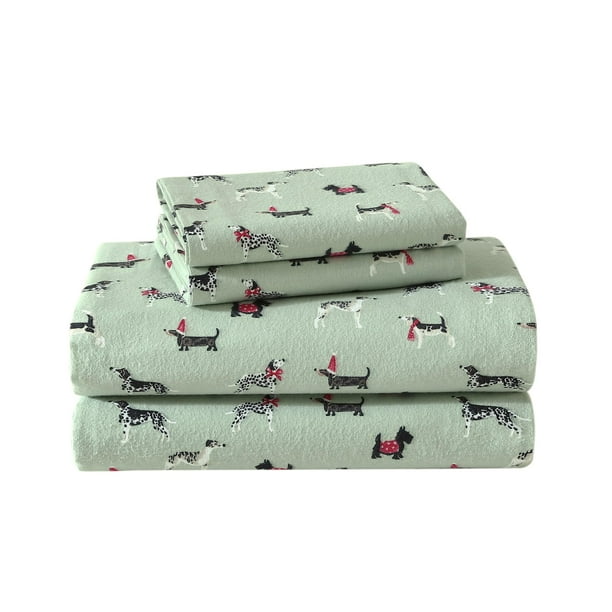 Juego de Sábanas Laura Ashley de Franela de Algodón para Cama Individual con Diseño Holiday Pups
