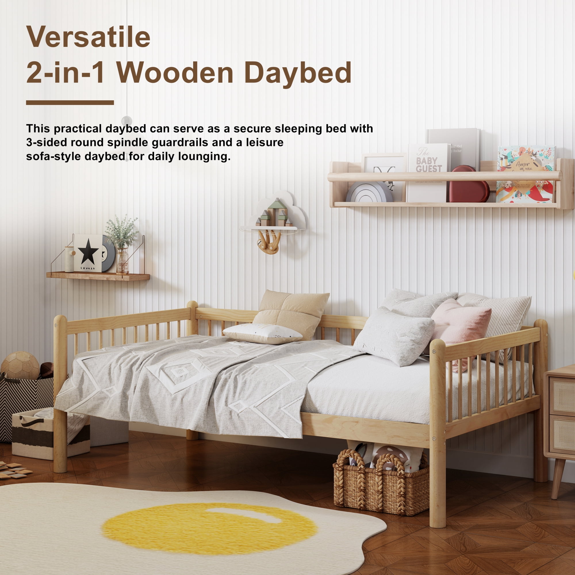 HOQBN Twin Size Pine Wood Daybed, Sofa Bed Frame with 3-Side Guardrails and 10 Support Slats for Bedroom, Natural