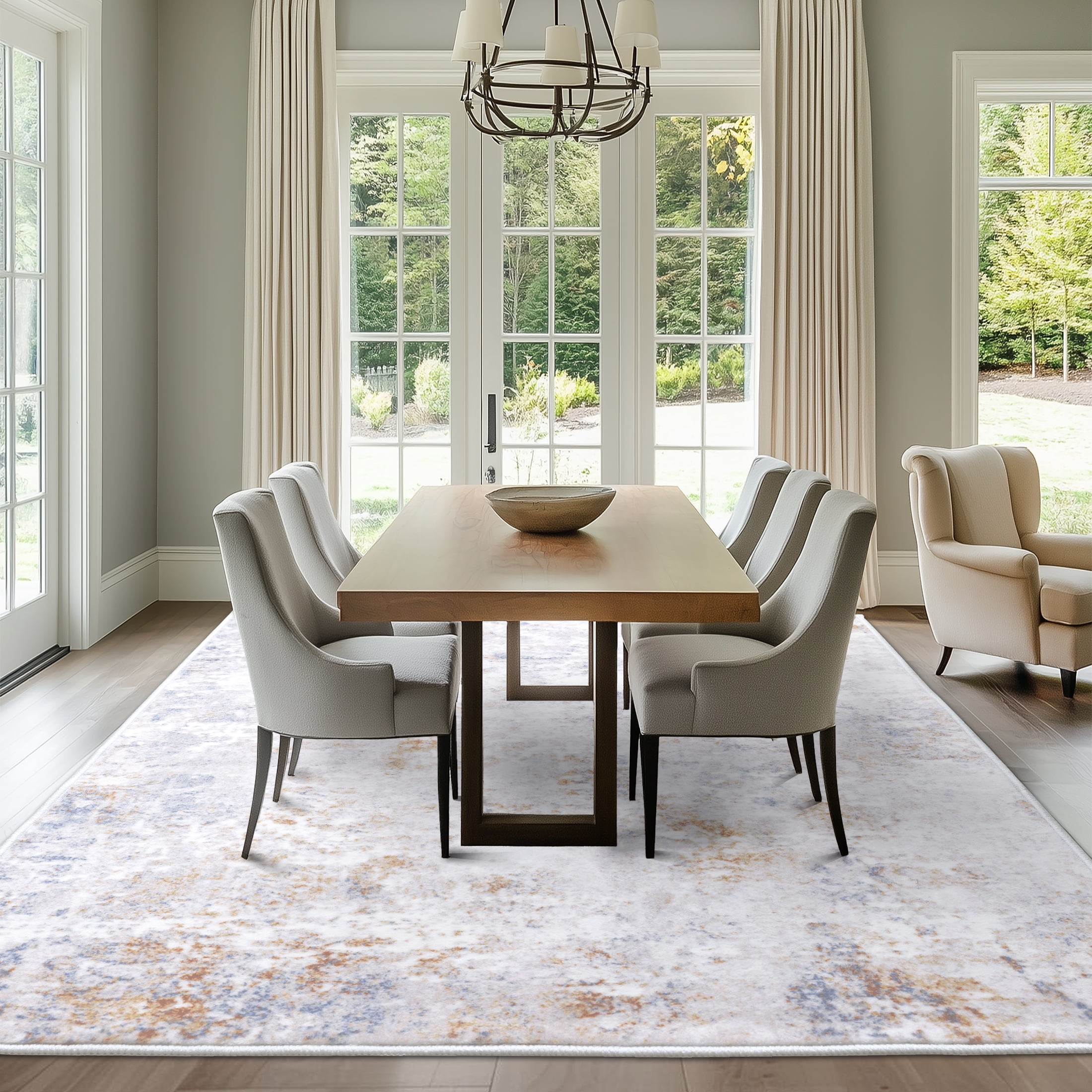 ARJINCUTE Distressed Abstract Beige Orange Area Rugs 9'x12', Low Pile Machine Washable Non-Slip