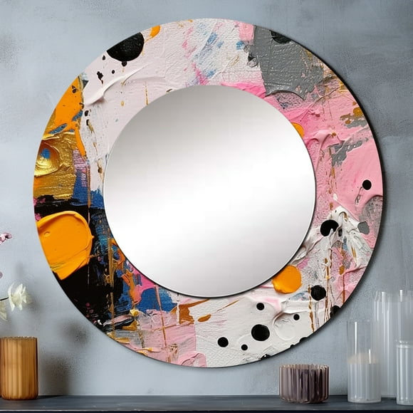 Designart "Geometric in Pink and Grey I" Modern Rund Mirror For Wall Decor - Large Pink Round Printed Mirror - Glam Round Mirror 36" x 36" Inch