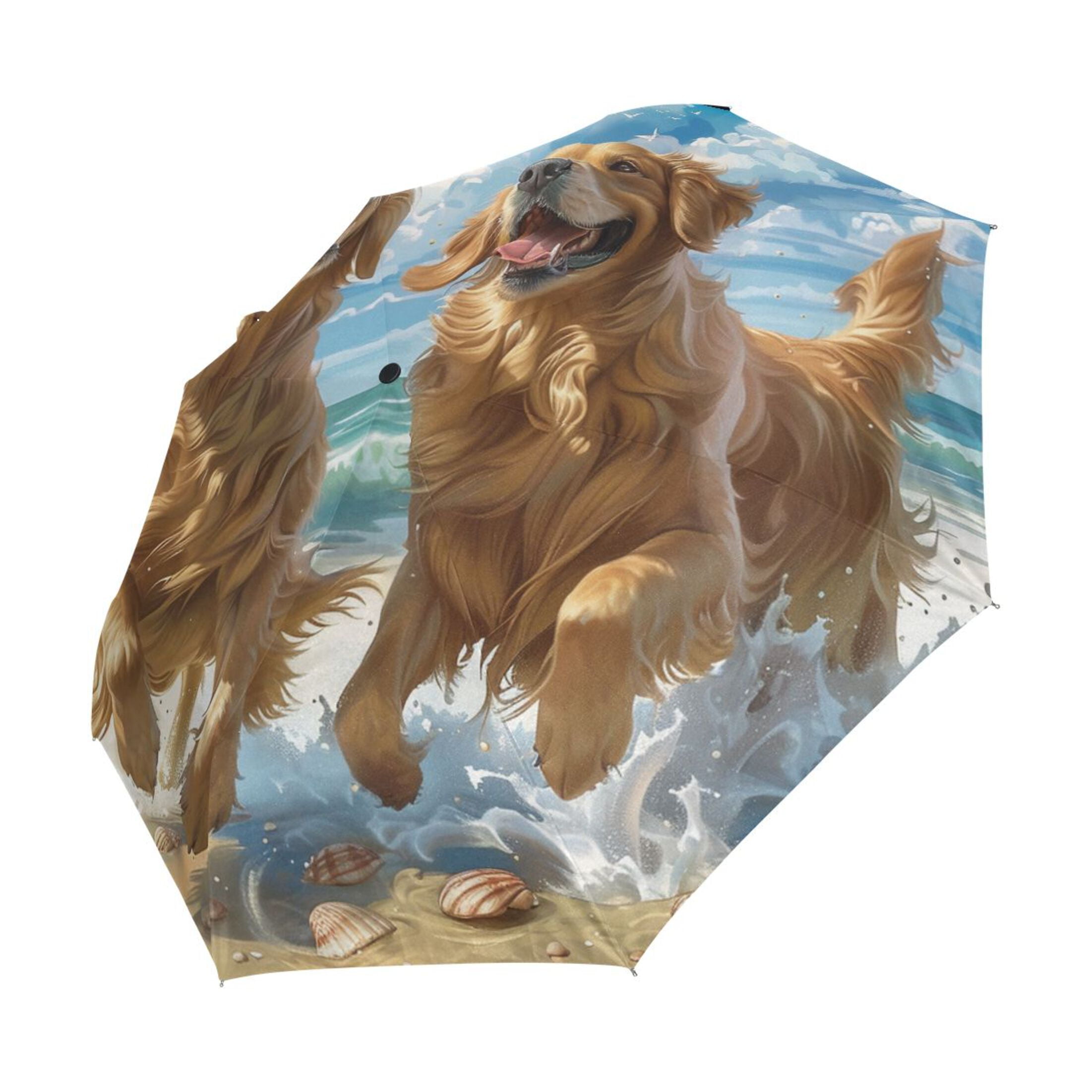 YAZAOO One-Touch Auto Open Close Rain Umbrella With Creative Joyful Goldens by The Waves Pattern