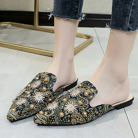 

Cathalem Fashion Summer And Autumn Women Pumps Low Heel Flat Pointed Toe Pearl Rhinestone Colorful Print Half Heels Size 9 Blue 8