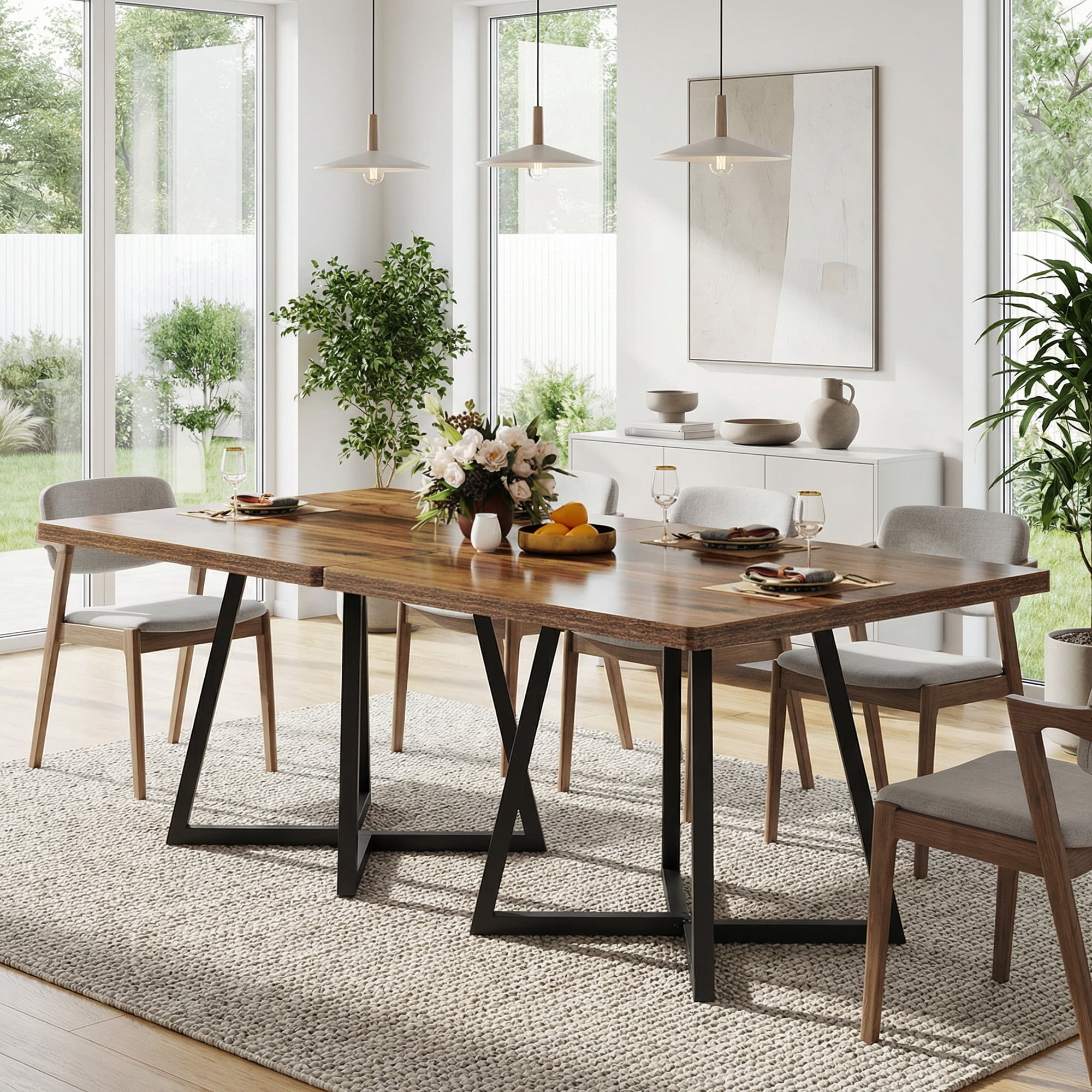 31.5 Inch Square Dining Table, Industrial Style Small Kitchen Table With Sturdy Metal Base, Space-Saving Dinner Table For 2-4 People, Brown Finish For Modern & Rustic Decor