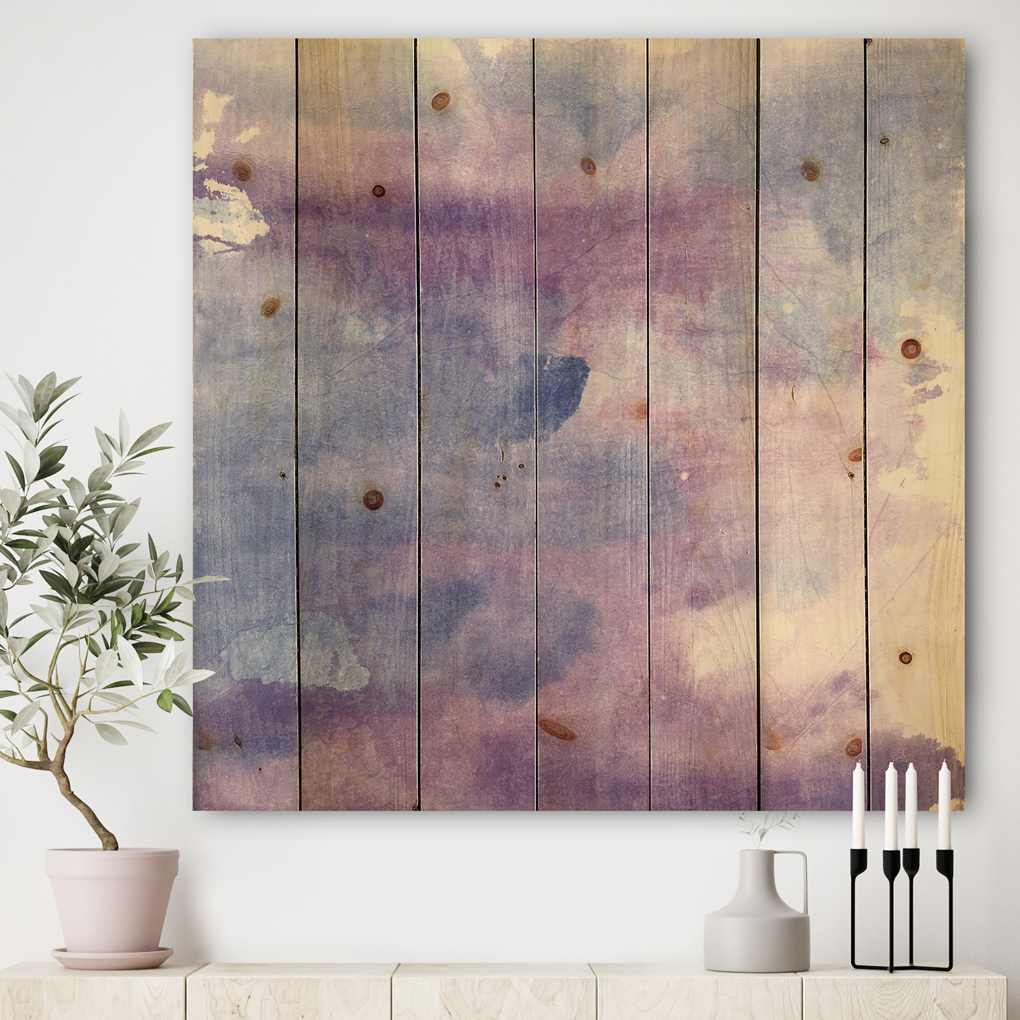 Designart 'Purple Watercolor Haze II' Modern & Contemporary Print on Natural Pine Wood