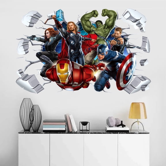 Wall Sticker Hulk Iron Man Captain America Thor 3D Wall Sticker Cartoon character Wall sticker Cartoon background Wall decoration Children's bedroom decoration 60*40CM