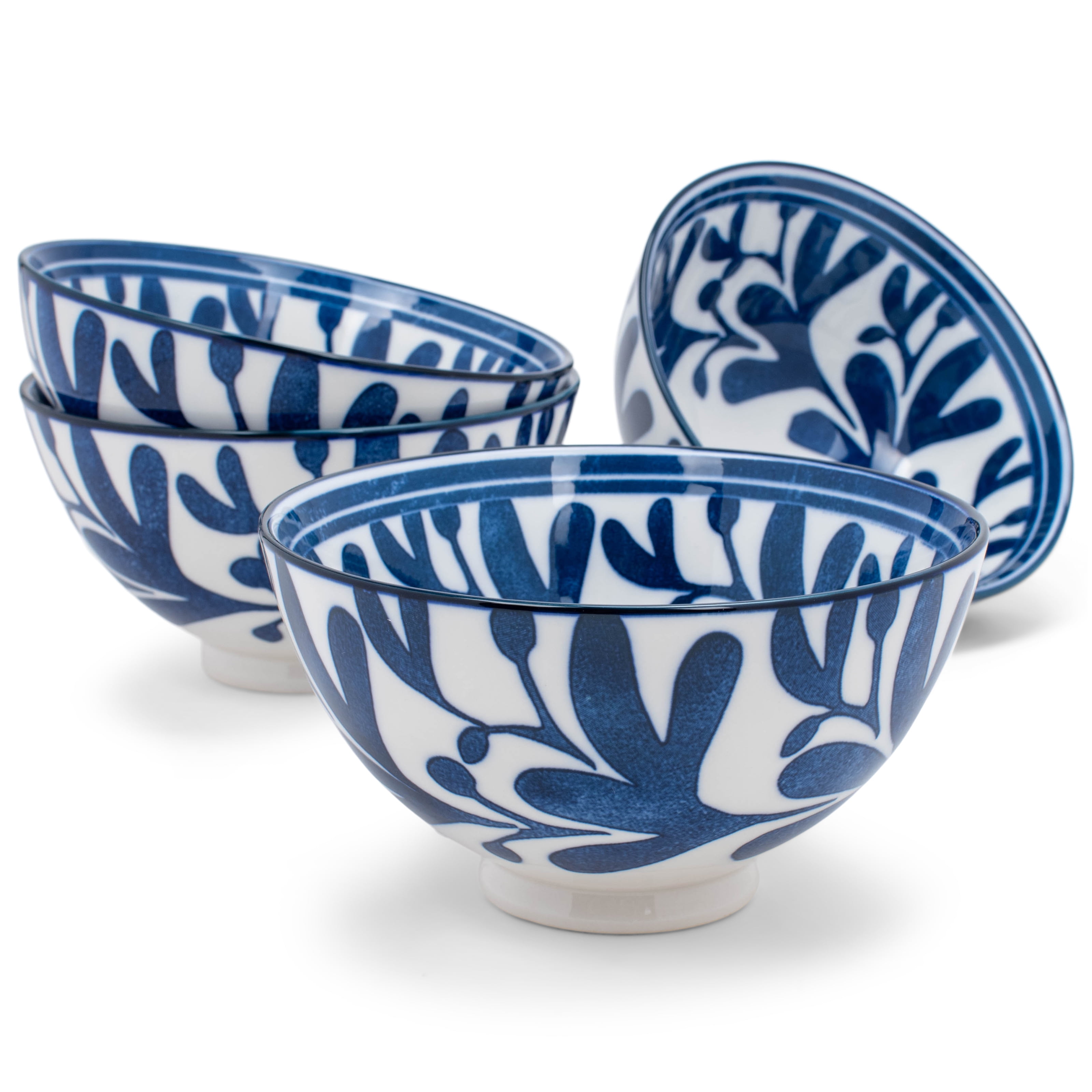 Nat & Jules Leaves White and Blue 18 ounce Ceramic Cereal Bowls Set of