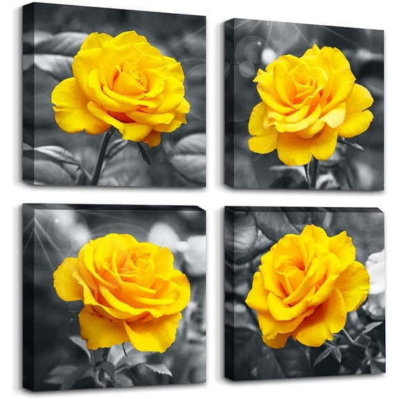 VELVET Canvas Wall Art For Living Room Family Wall Decor For Modern Kitchen Wall Decorations Black And White Wall Pictures Artwork Yellow Rose Flowers Canvas Art Prints Decor 4 Piece 10x8inch Framed