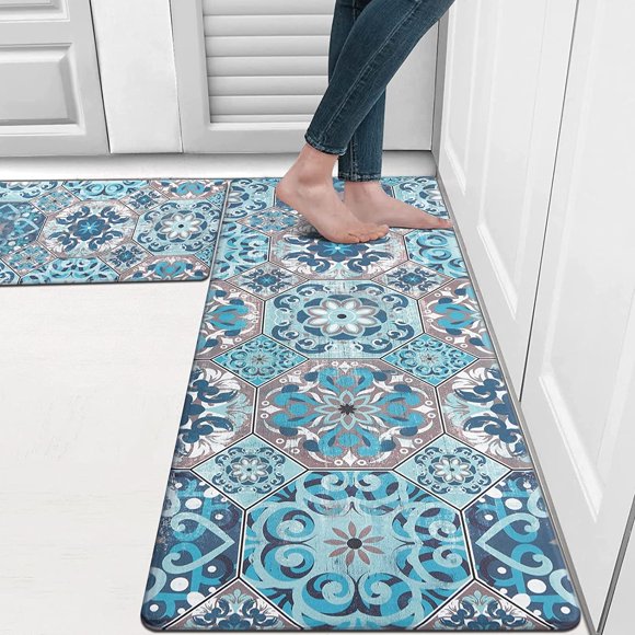 MeyJey Kitchen Rug Set of 2, Anti Fatigue Kitchen Mat 2 Pieces, Non Skid Waterproof Cushioned Boho Floor Mat and Runner Rug, 17"x28"+17"x48", Blue/Teal