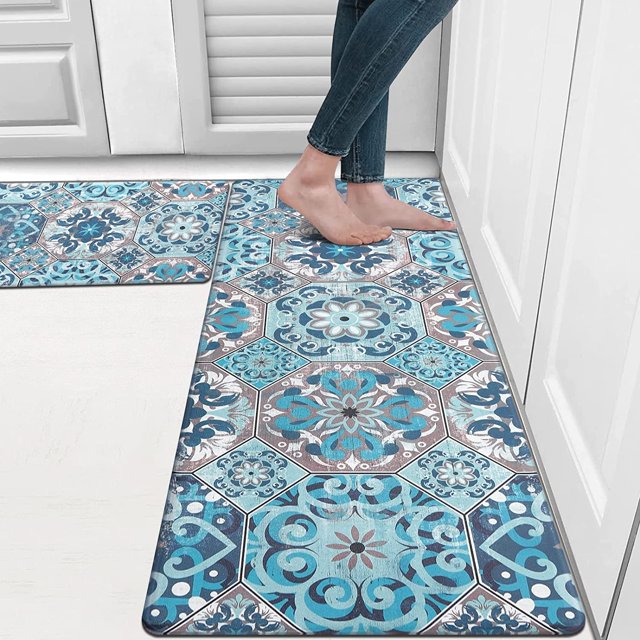 MeyJey Kitchen Rug Set of 2, Anti Fatigue Kitchen Mat 2 Pieces, Non Skid Waterproof Cushioned Boho Floor Mat and Runner Rug, 17"x28"+17"x48", Blue/Teal