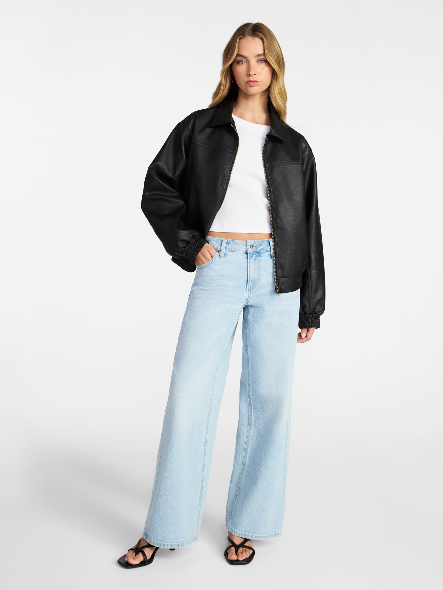 No Boundaries Relaxed Fit Faux Leather Jacket, Women's XXS-XXL