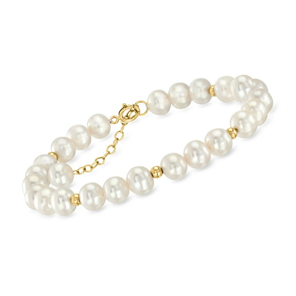 Ross-Simons 6.5-7mm Cultured Pearl and 14kt Yellow Gold Bead Station Bracelet, Women's, Adult