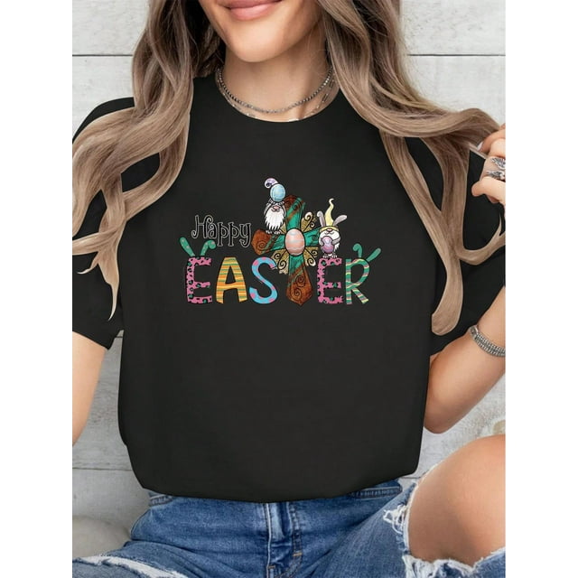 Happy Easter Print T-Shirt, Casual Crew Neck Short Sleeve Comfort Tee Top For Spring & Summer, Women's Clothing Tee For Adult, Men, Women, Teen, Teenager, Adolescent, Youth