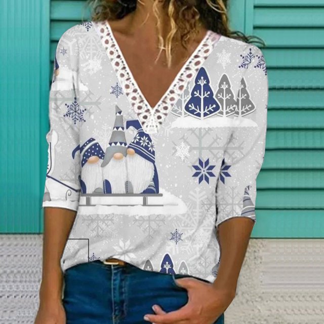 Pntutb Casual Mujer Cuello en V Verano Sexy Gradiente Estampado Regular Mujer Manga larga top Pntutb Pntutb-459