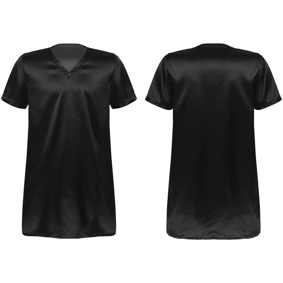 Miutii Mens Satin V Neck Short Sleeve Sides Split Bathrobes Tunic Nightshirts Sleepwear Homewear Black M