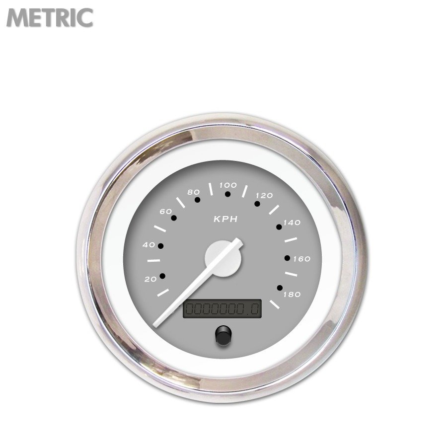 Speedometer Gauge Metric Pegged Gray , White Modern Needles, Chrome Trim icon