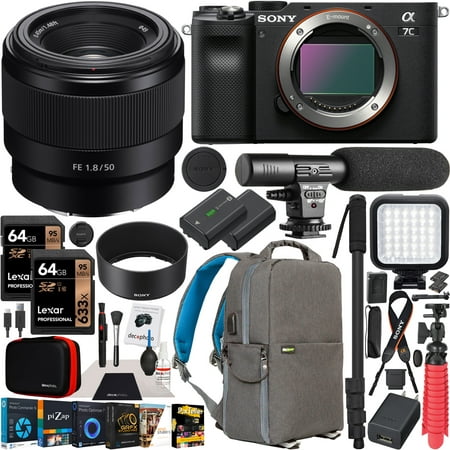 Sony a7C Mirrorless Full Frame Camera Body with Sony FE 50mm F1.8 Full-frame Lens SEL50F18F Black ILCE7C/B Bundle with Deco Gear Photography Backpack Case , Software and Accessories