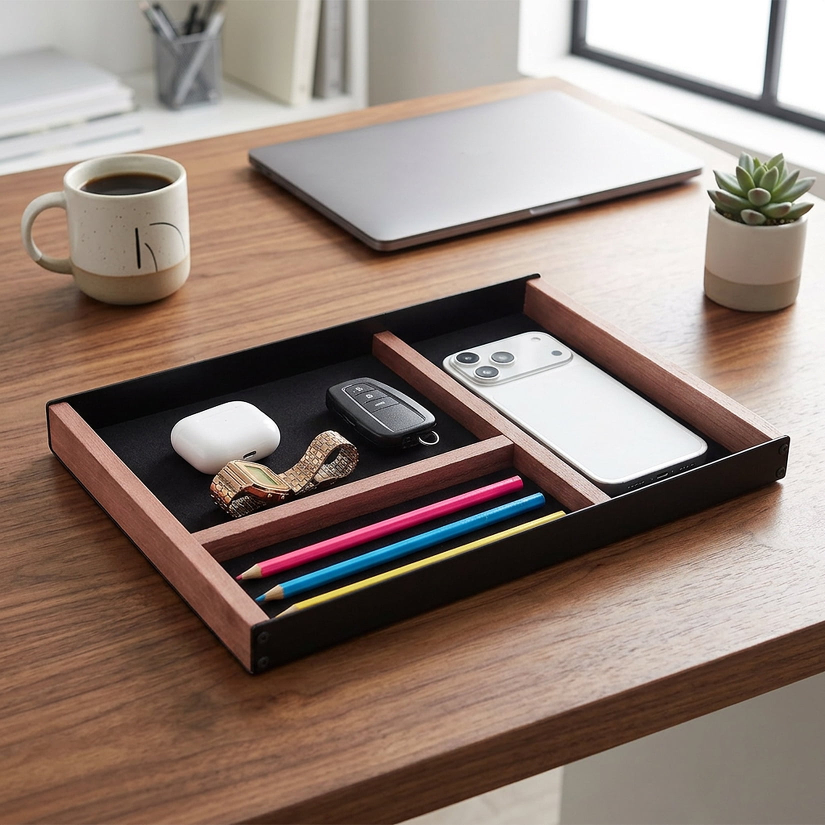 Garvee Wood and Metal Desk Organizer Tray, 3-Compartment Shallow Drawer Organizer for Office Supplies, 13x9x1.1 Inch Iron and Paulownia Wood Desk Accessories Decor, 3.5lbs Heavy Duty Non-Slip