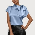 thumbnail image 2 of JGGSPWM Womens Silk Satin Bow Tie Neck Short Sleeve Button Down Dressy Casual Office Work Elegant Blouses Tops Blue S, 2 of 7