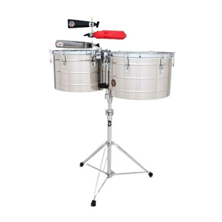 Latin Percussion Tito Puente Steel w/ Stand 15" and 16'' Thunder Timbales Chrome, Silver, 49 lb