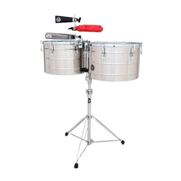 Latin Percussion Tito Puente Steel w/ Stand 15" and 16'' Thunder Timbales Chrome, Silver, 49 lb