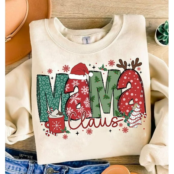Christmas Mama Coquette Sweater, Mama Claus Tree Cake Reindeer Candy Cane Hot Cocoa Sweatshirt