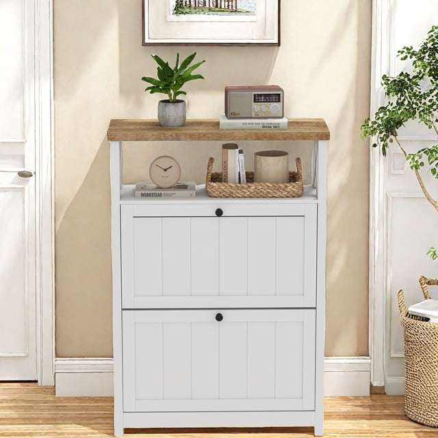 DEXTRUS Armoire à Chaussures Blanche avec 2 Tiroirs Basculants, Organisateur de Rangement pour Chaussures Moderne pour l'Entrée