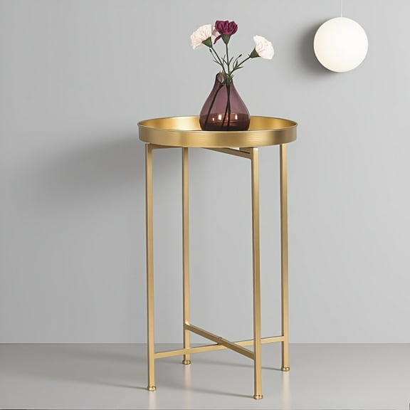 Golden Round Metal End Table - Foldable Side Table for Sofa/Coffee - Sturdy Frame, No Assembly - Minimalist Decor for Living Room
