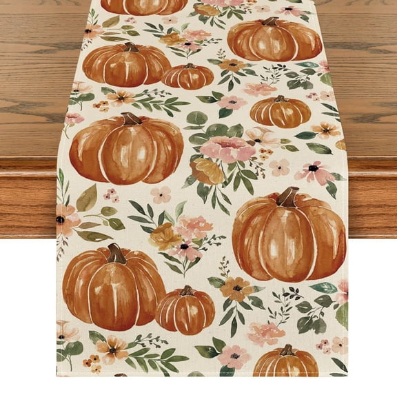 Pumpkins Roses Leaves Table Runner, Flowers Kitchen Dining Table Decoration for Outdoor Home Party 13x72 Inch
