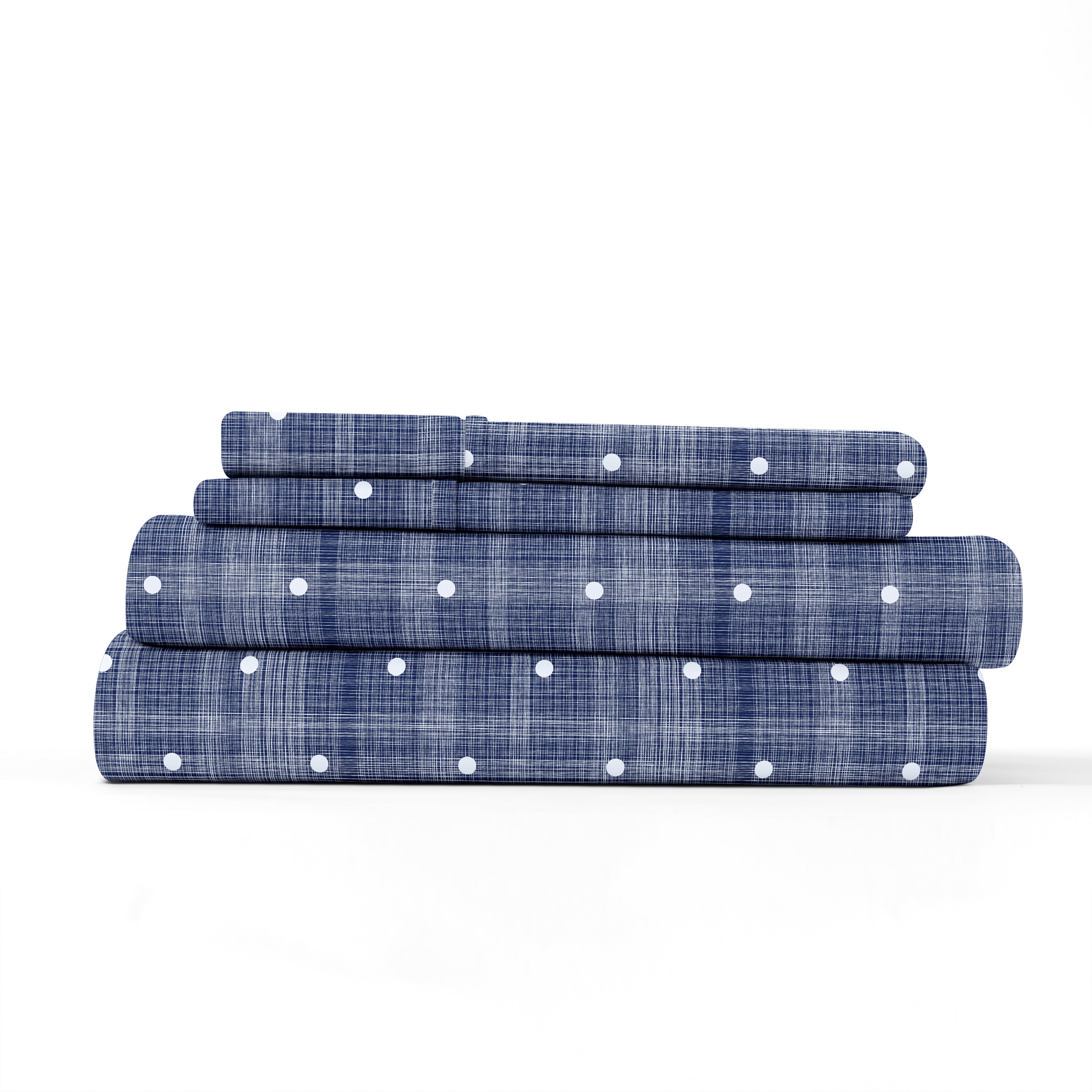 Noble Linens 4 Piece Pattern Microfiber Bed Sheets Set, Navy Polka Dot, California King