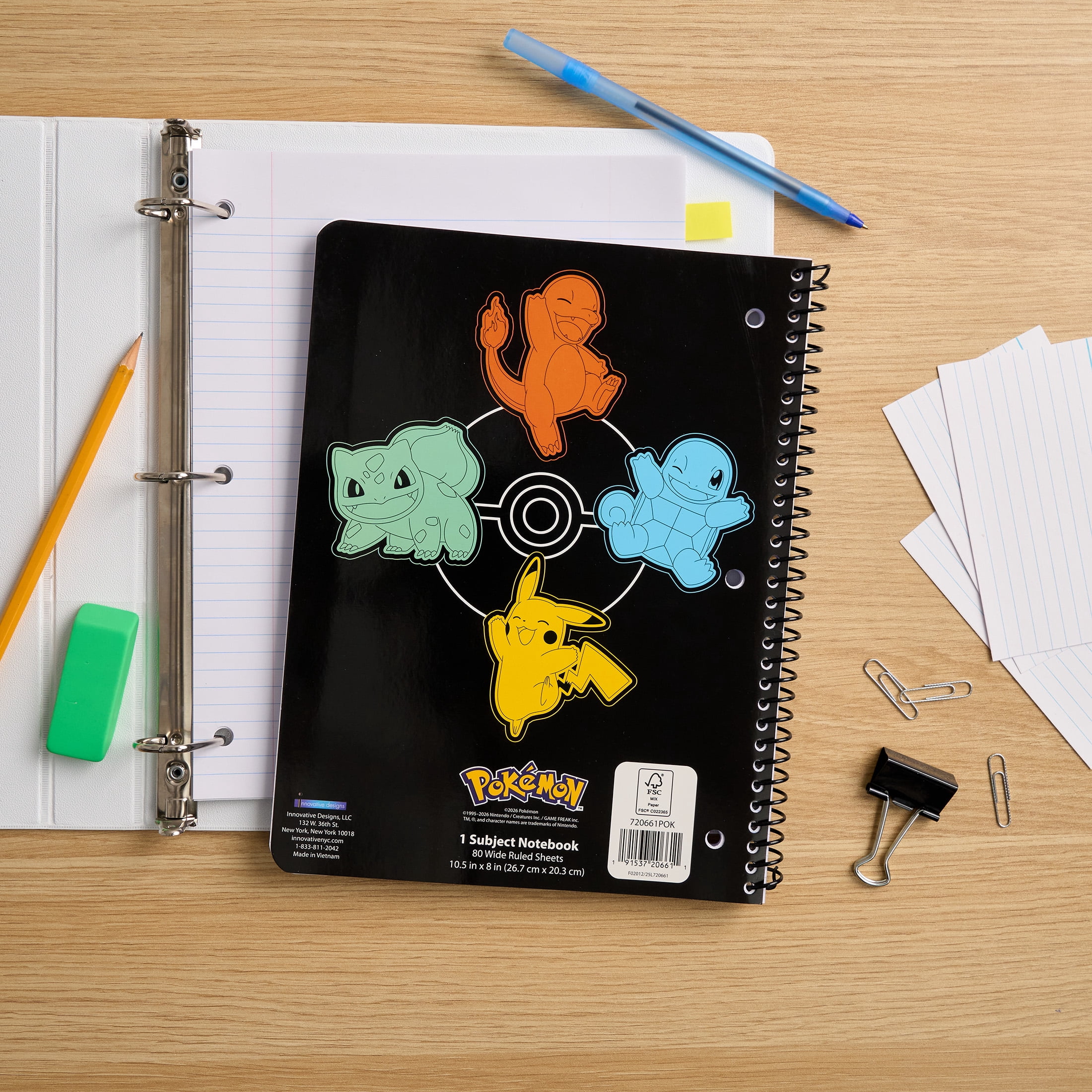 Pokémon 1-Subject Wide Ruled Spiral Notebook, 80 Sheets, Black