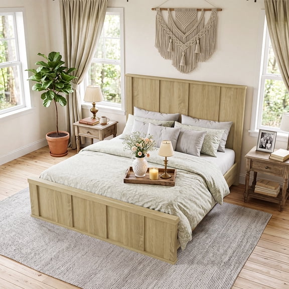 Farmhouse Queen Platform Bed Frame with 50" Tall Headboard & Footboard, Solid Natural Oak Wood Low-Profile Bed, No Box Spring Needed - Brown