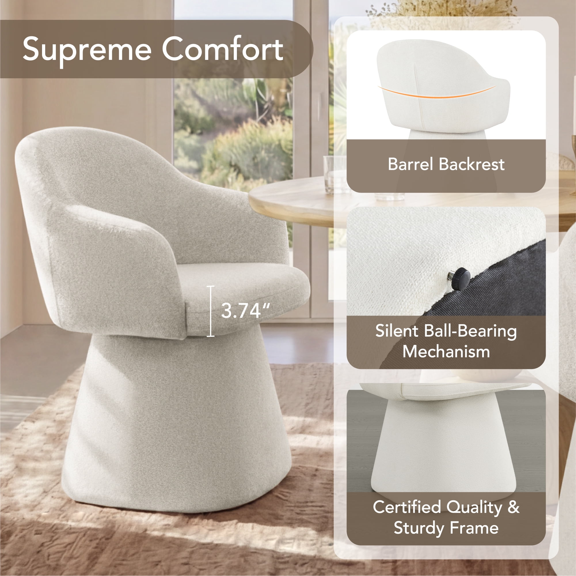 Spruce & Spring 360° Swivel Dining Chair, Spill-Proof & Stain Resistant Barrel Armchair with Rotating Base, Modern Upholstered Seat and Removable Back Support Pillow for Kitchen Living Room, Ivory