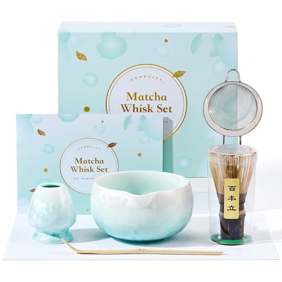 Matcha Whisk Set – Crystalline Glaze Bowl, Bamboo Whisk & Holder, Scoop & Sifter with Holder, Cup with Lid & Straw, Ice Cube Tray & Tea Towel – Blue Matcha Gift Set for Women, Christmas Gifts