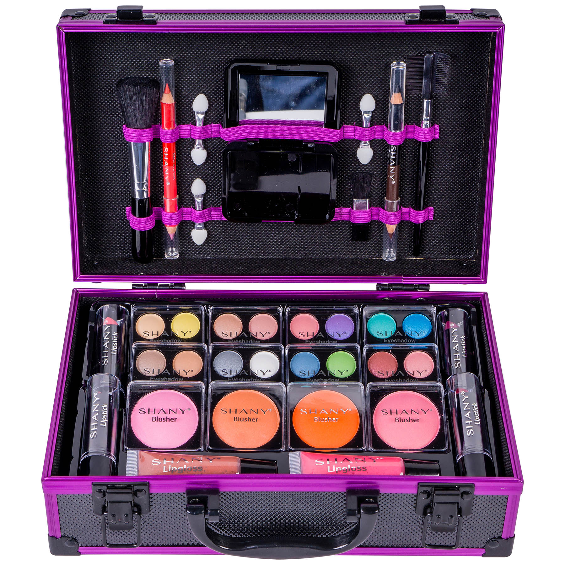 SHANY Carry All Make up Train Case with Pro Makeup Set , Beauty Brushes, Lipsticks, Eye Shadows, Blushes, Powders, and more - Reusable Cosmetics Storage Organizer - Premium Gift Packaging - Purple
