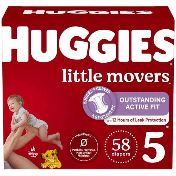 Pañales Huggies Little Movers, tamaño 5, más de 27 libras, 58 unidades