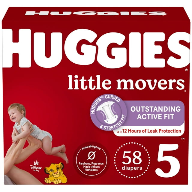 Pañales Huggies Little Movers, tamaño 5, más de 27 libras, 58 unidades