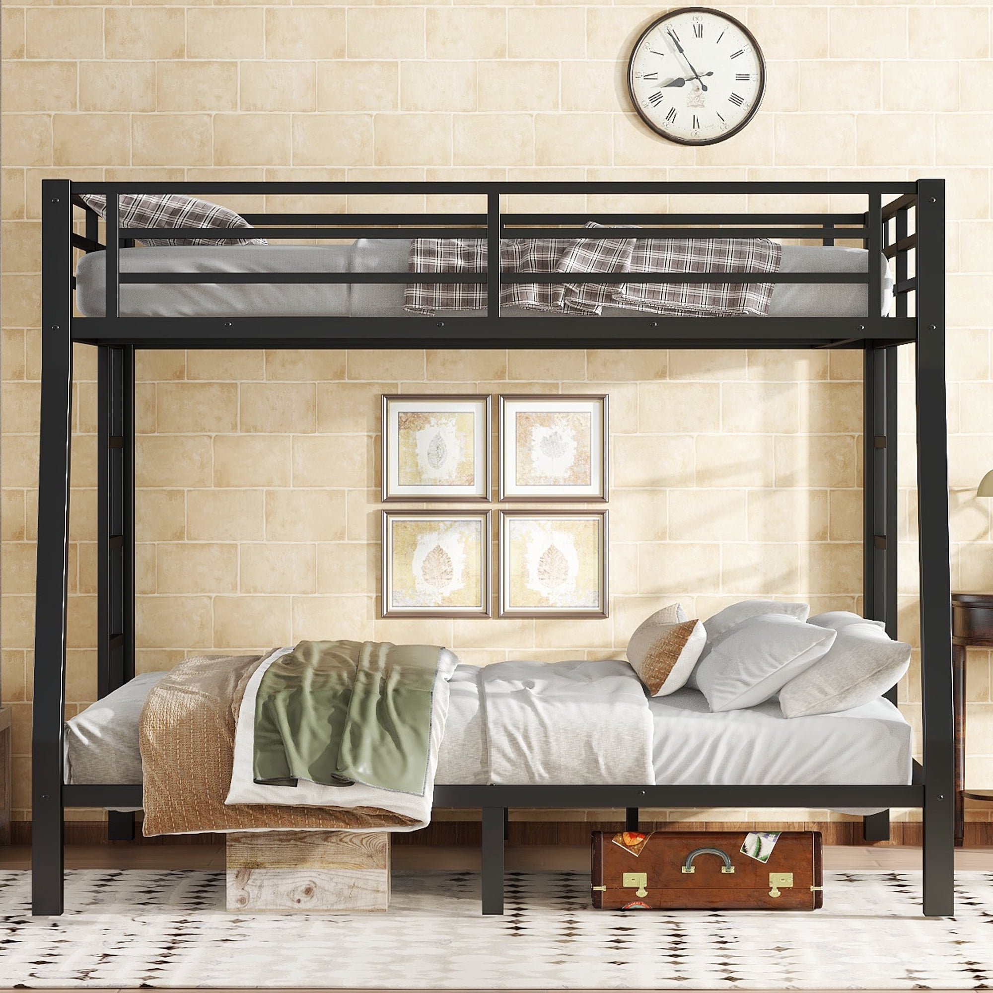 Leumius Full XL over Queen Metal Bunk Bed,Heavy Duty Metal Bed Frame with Full-Length Guardrail and 2 Ladders,Space-Saving,Noise Reduced,Black